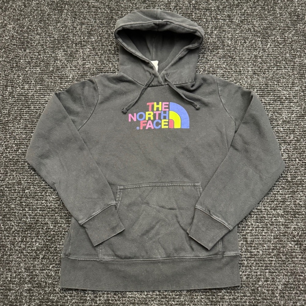 The North Face Womens‎ Hoodie Black Multi Color Rainbow Logo Pullover Medium